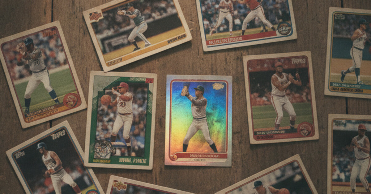 Flat lay of 1990s sports trading cards including Topps, Upper Deck, and Fleer spread across a wooden table with one shiny refractor card standing out