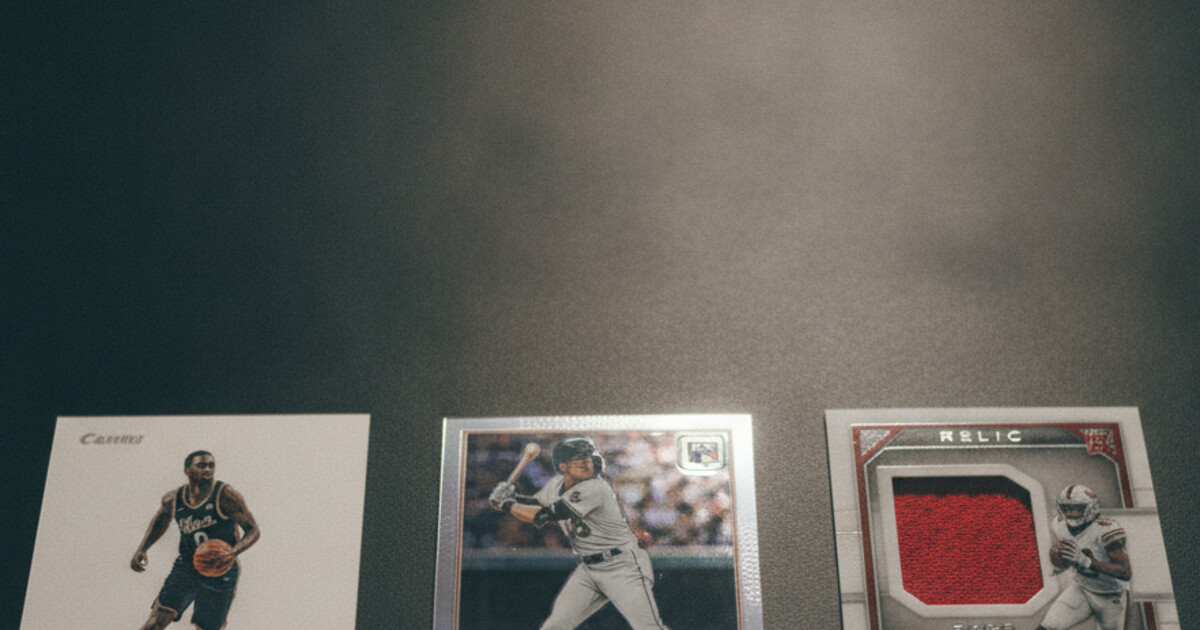 Three sports cards laid out on a dark surface showing a standard base card, a shiny rookie card with RC logo, and a relic insert card with embedded jersey swatch