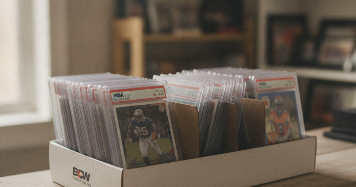 Graded sports cards in PSA slabs organized in a dedicated slab storage box