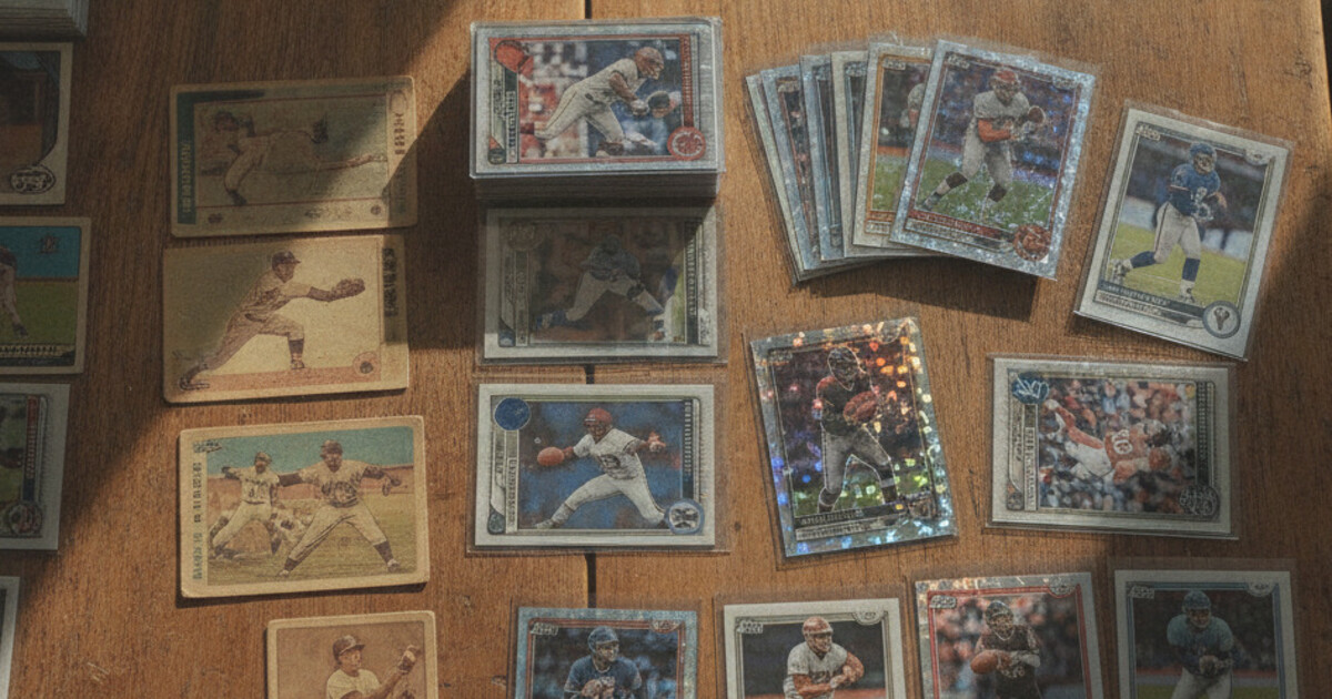Sports cards from different eras spread on a wooden table showing various values