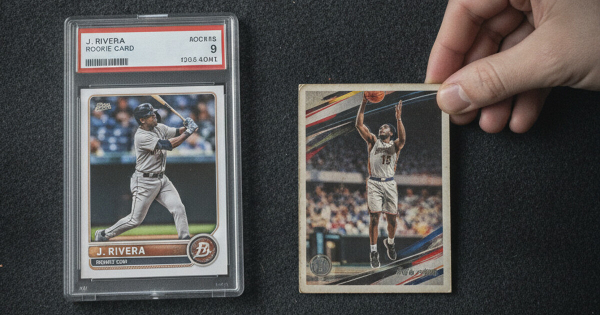 A graded sports card in a clear PSA slab next to a raw card held by collector's fingers, showing the difference between graded and ungraded sports cards