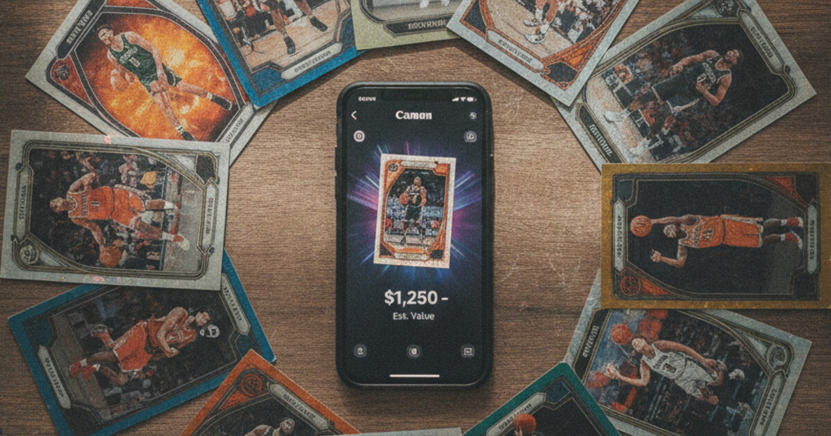 A spread of basketball cards with a smartphone showing a card value scan result