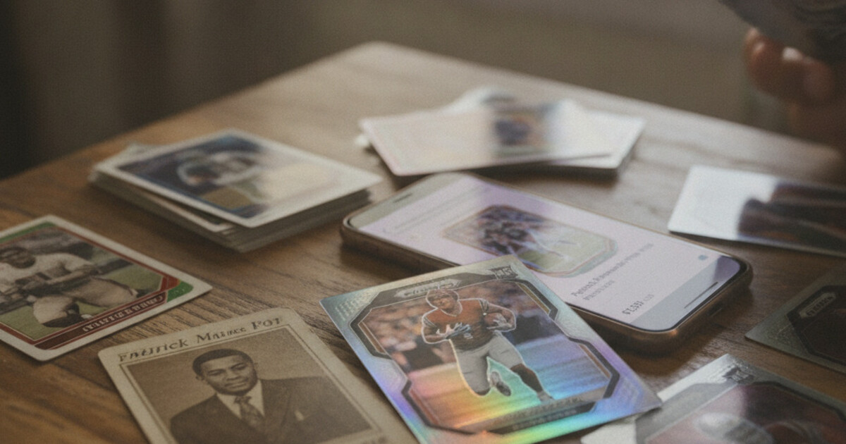 A spread of football cards fanned out on a table with a price scanner overlay