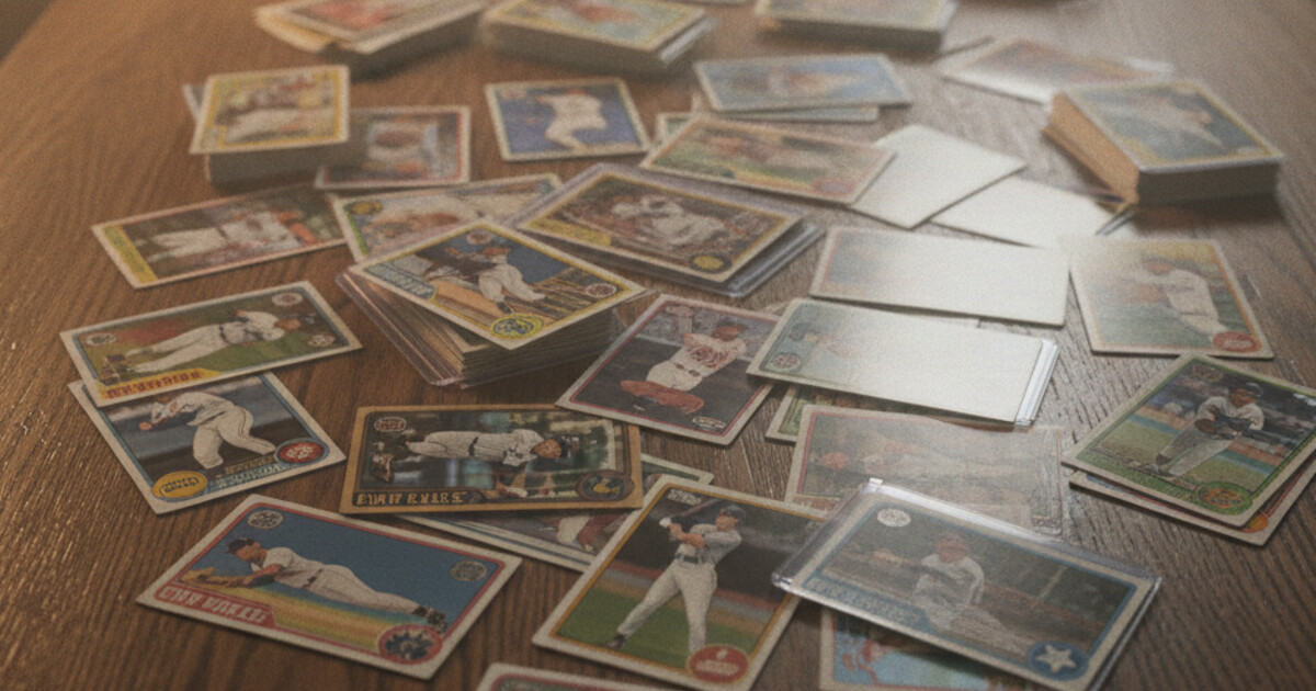 Collection of Topps baseball cards from different eras spread on a wooden table