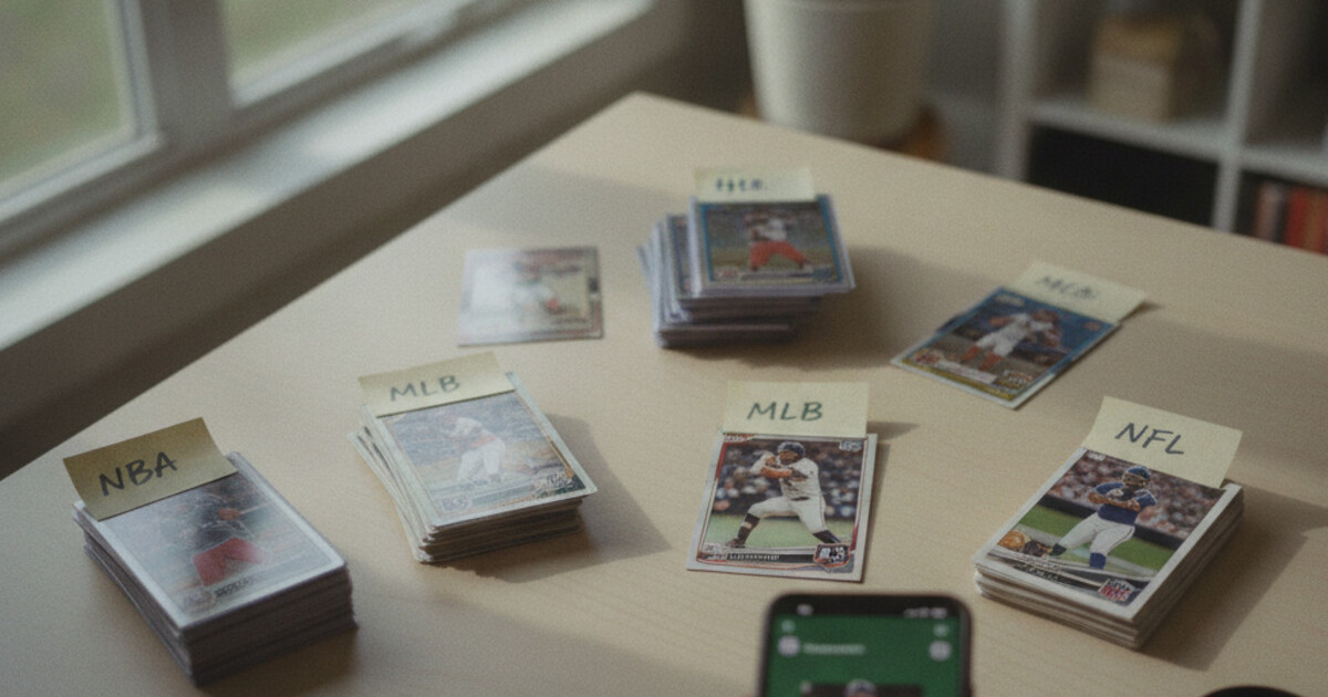 Organized sports card piles with phone scanning a card on a clean hobby desk