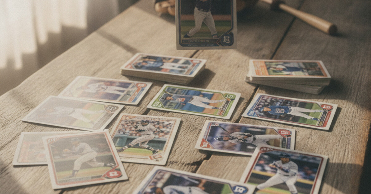 Vintage and modern baseball cards spread on a wooden table, one card held up to the light