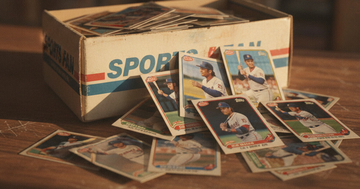 Shoebox full of old baseball cards from the 1980s and 1990s, several cards spread out on a wooden table