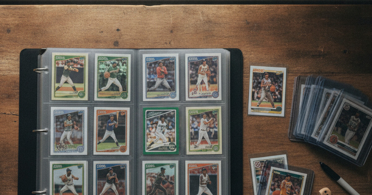 Sports card collection organized in a binder with clear 9-pocket pages, toploaders, and penny sleeves on a wooden table
