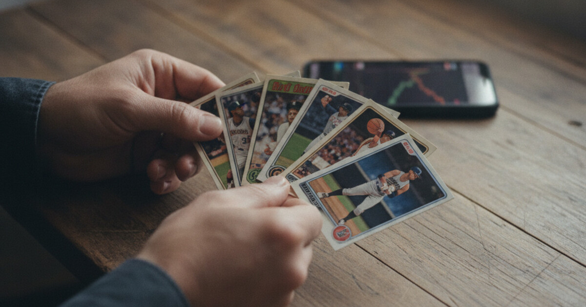 Sports card collector checking prices on a phone while holding trading cards