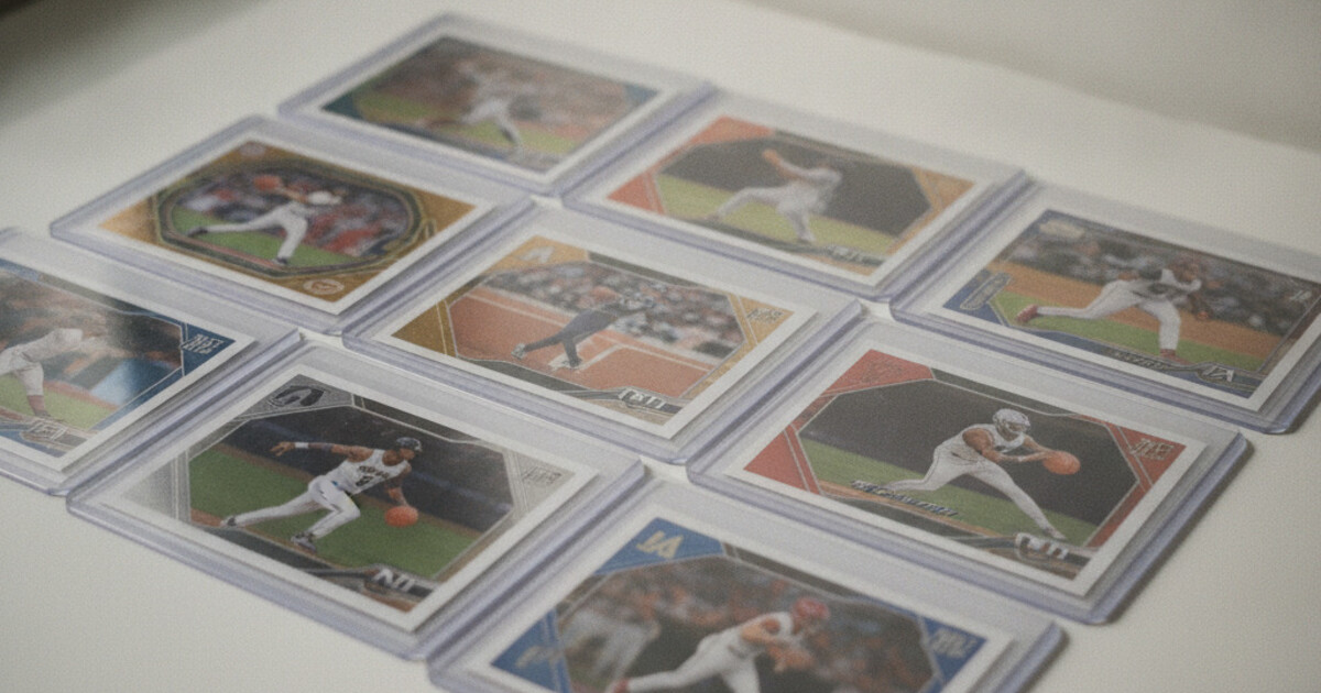 Sports cards in protective penny sleeves and toploaders arranged on a clean flat surface