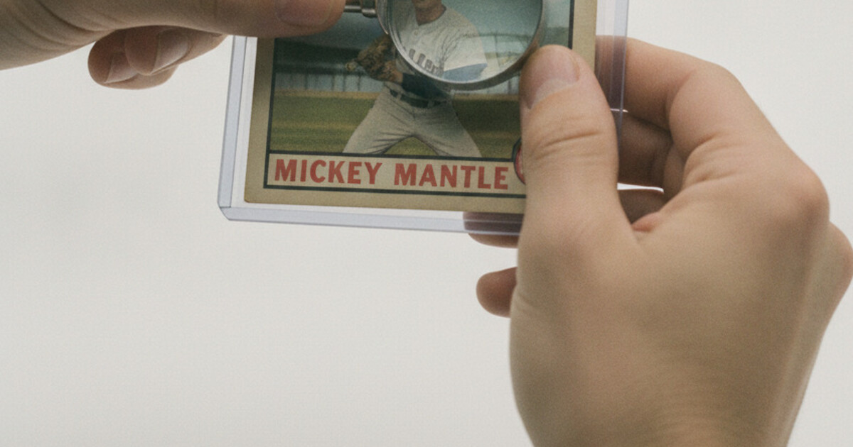 Collector examining a sports card closely with a magnifying loupe under bright light