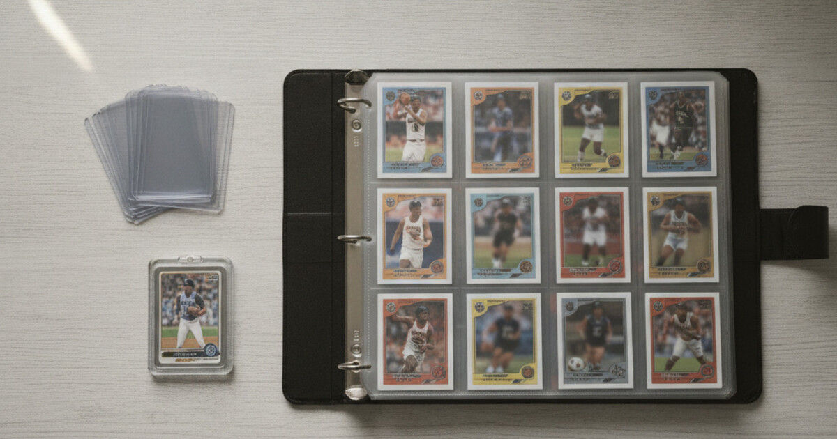 Sports cards organized in penny sleeves, toploaders, and a binder on a clean desk