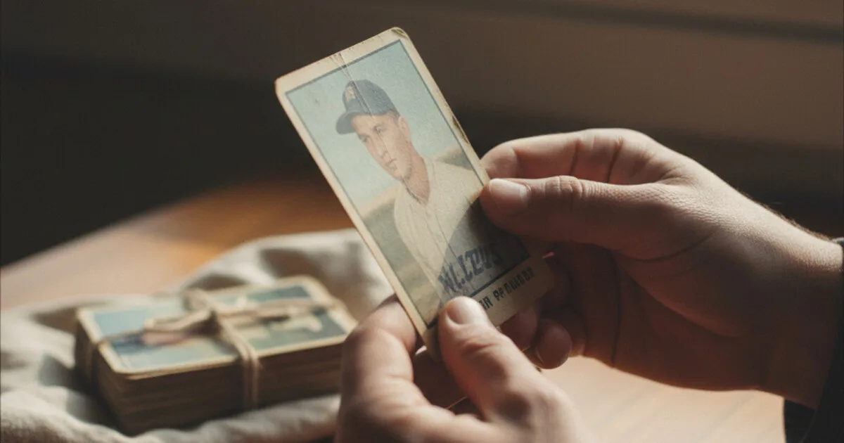 A collector examining a sports card under good light to judge its condition and value