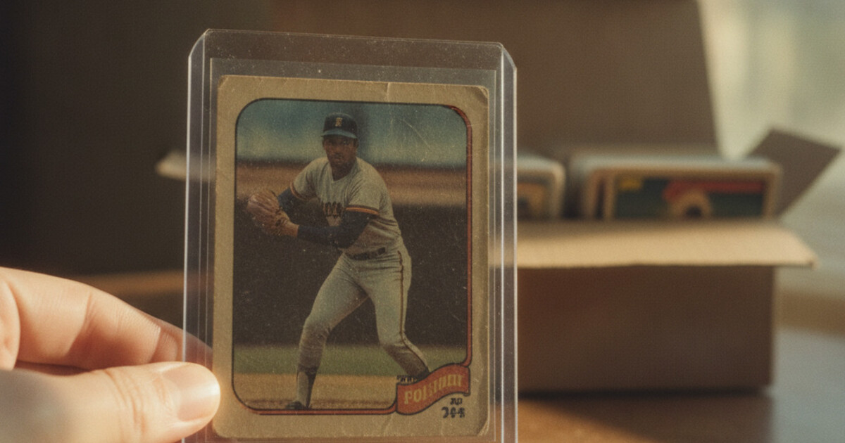 Vintage late-1980s baseball card held by the edges in a protective sleeve above a card storage box