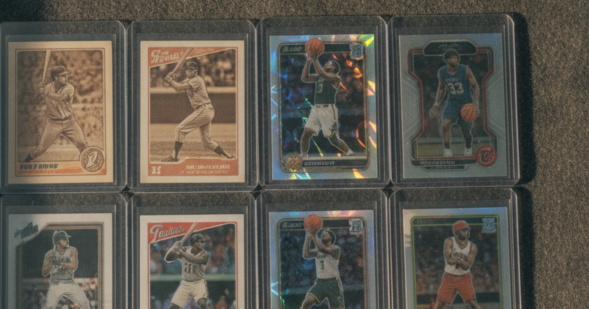 Display of valuable baseball cards in protective cases under studio lighting