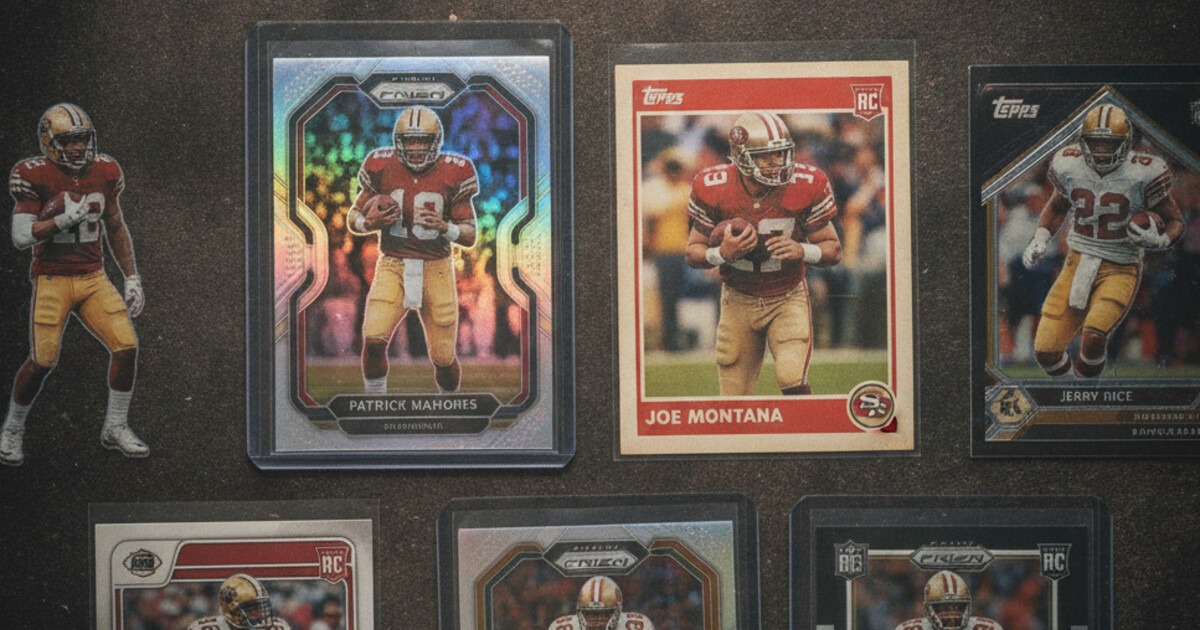 Most valuable football cards including Patrick Mahomes National Treasures and vintage NFL rookie cards displayed in protective cases