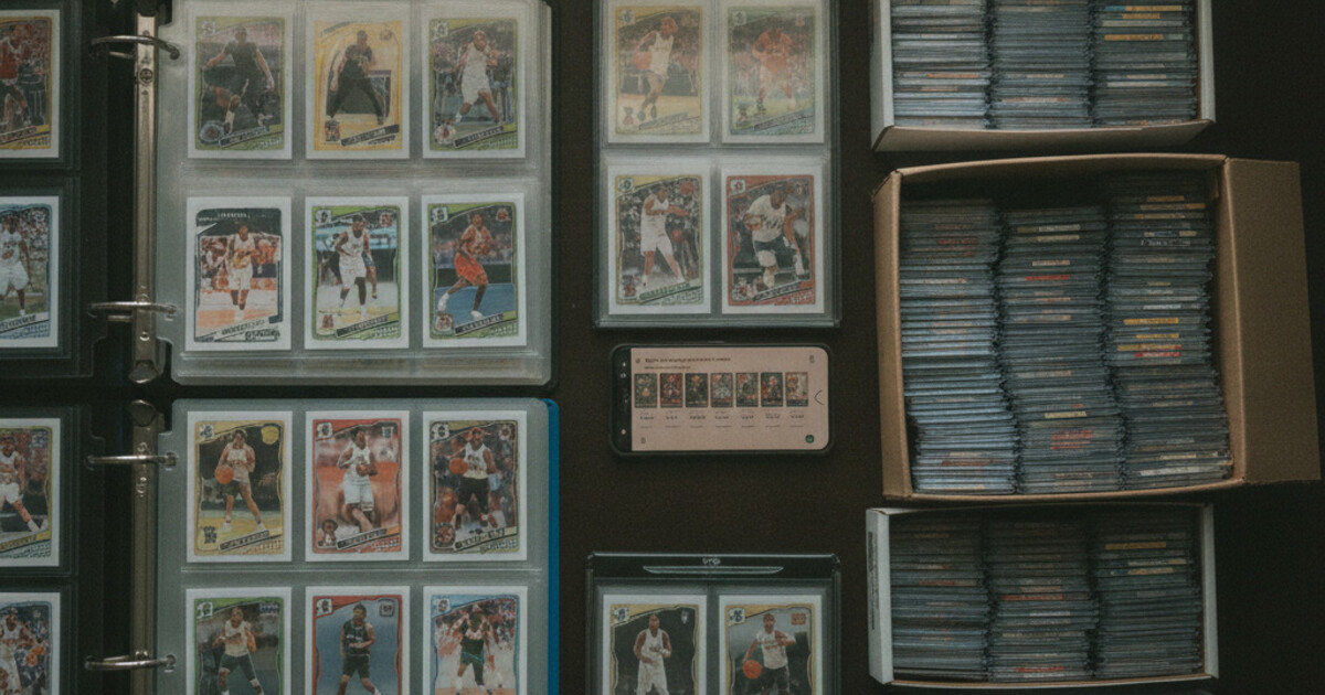 Sports card collection in binders and boxes next to a smartphone displaying a card inventory app