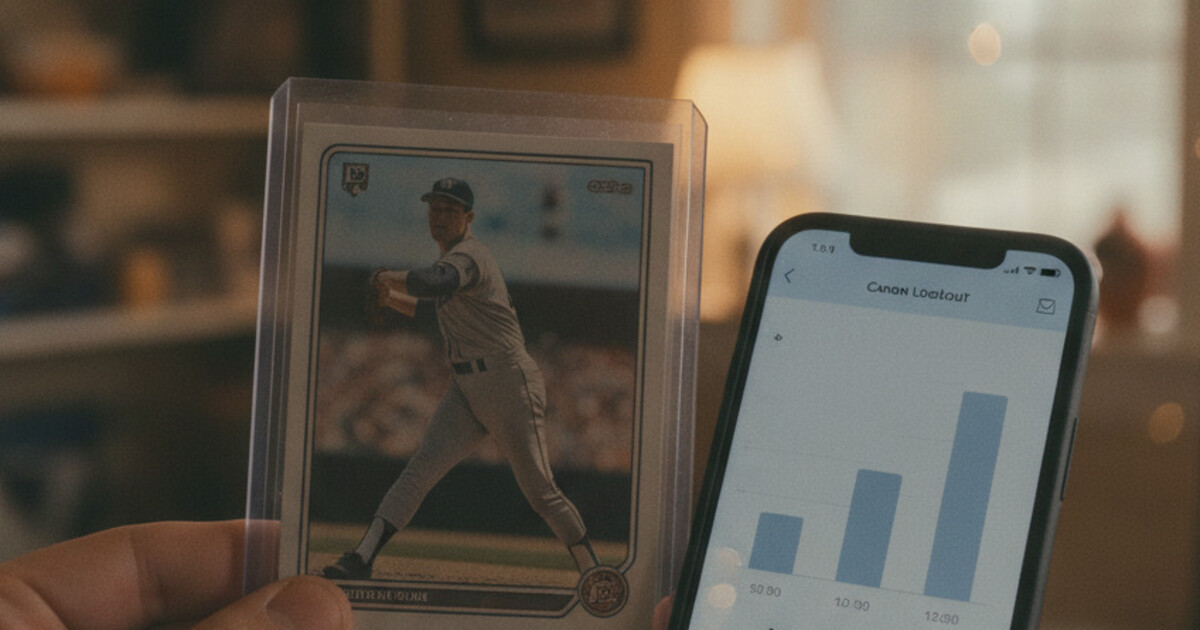 Collector using a sports card value lookup app to check a card's market price