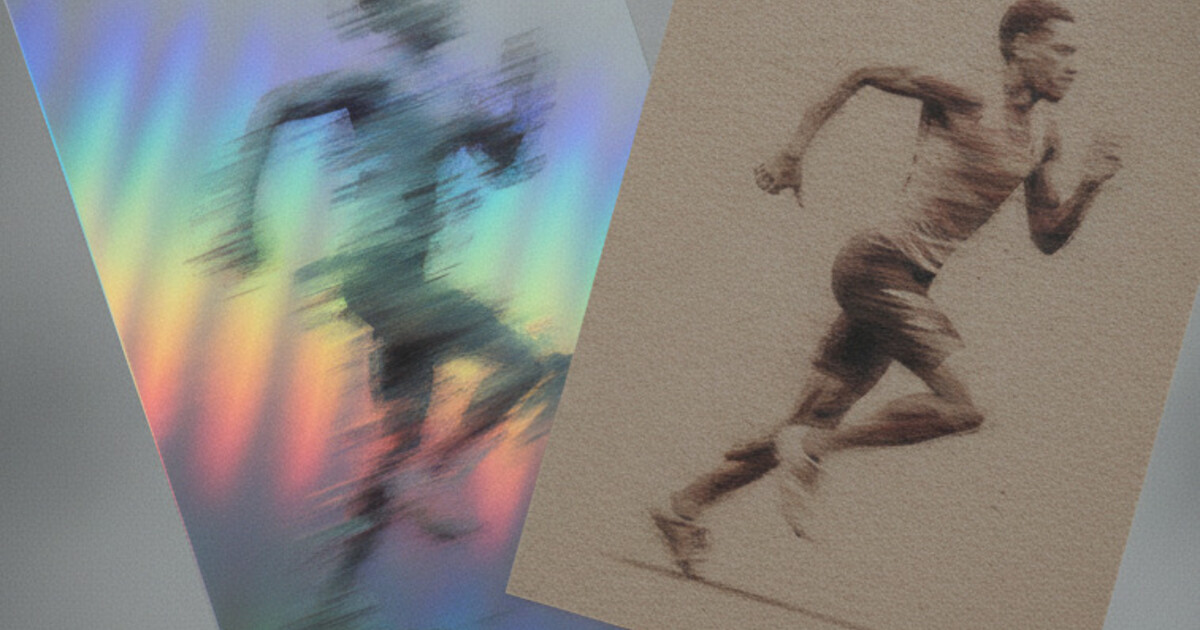 Two sports trading cards side by side — one with a shiny chrome surface catching rainbow light, one with a flat matte paper finish