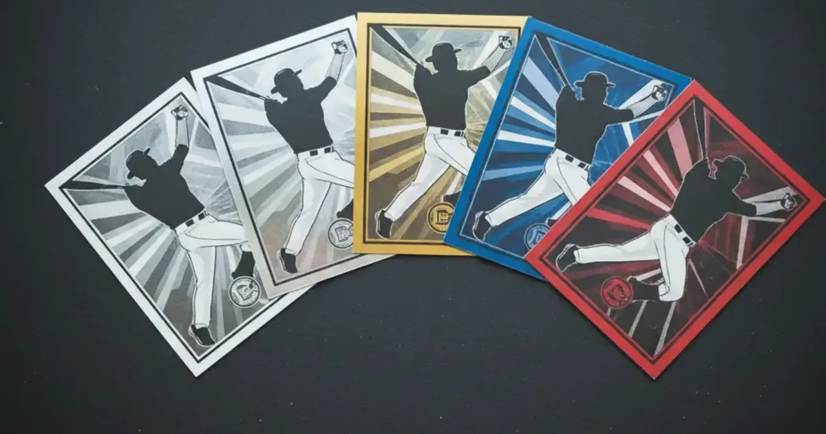 Multiple parallel versions of the same sports card fanned out on a dark surface showing different colored borders: silver, gold, blue, and rainbow foil finishes