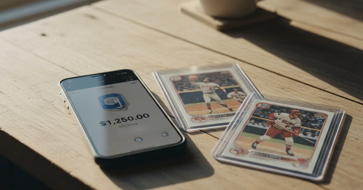 A phone showing the estimated market value of a sports card next to the physical card