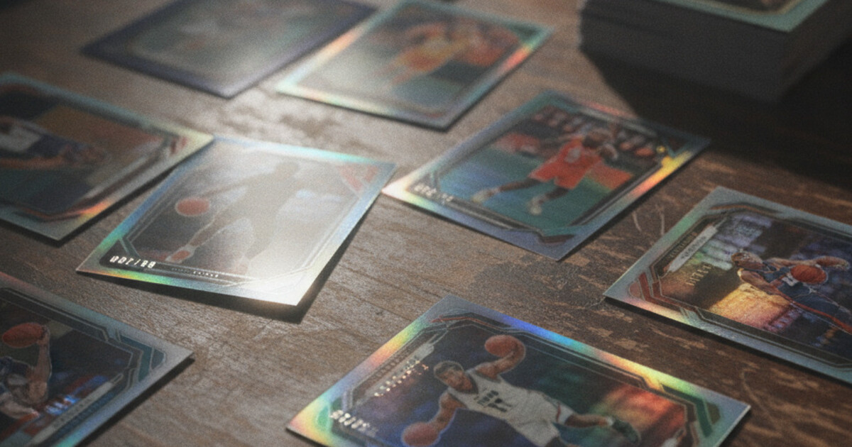 Several sports trading cards spread on a dark collector's mat, some showing foil refractor finishes and serial numbers stamped on the bottom corner