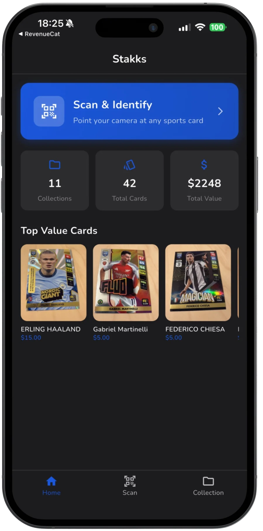 Stakks home screen showing a sports card collection worth $2,248 across 42 cards