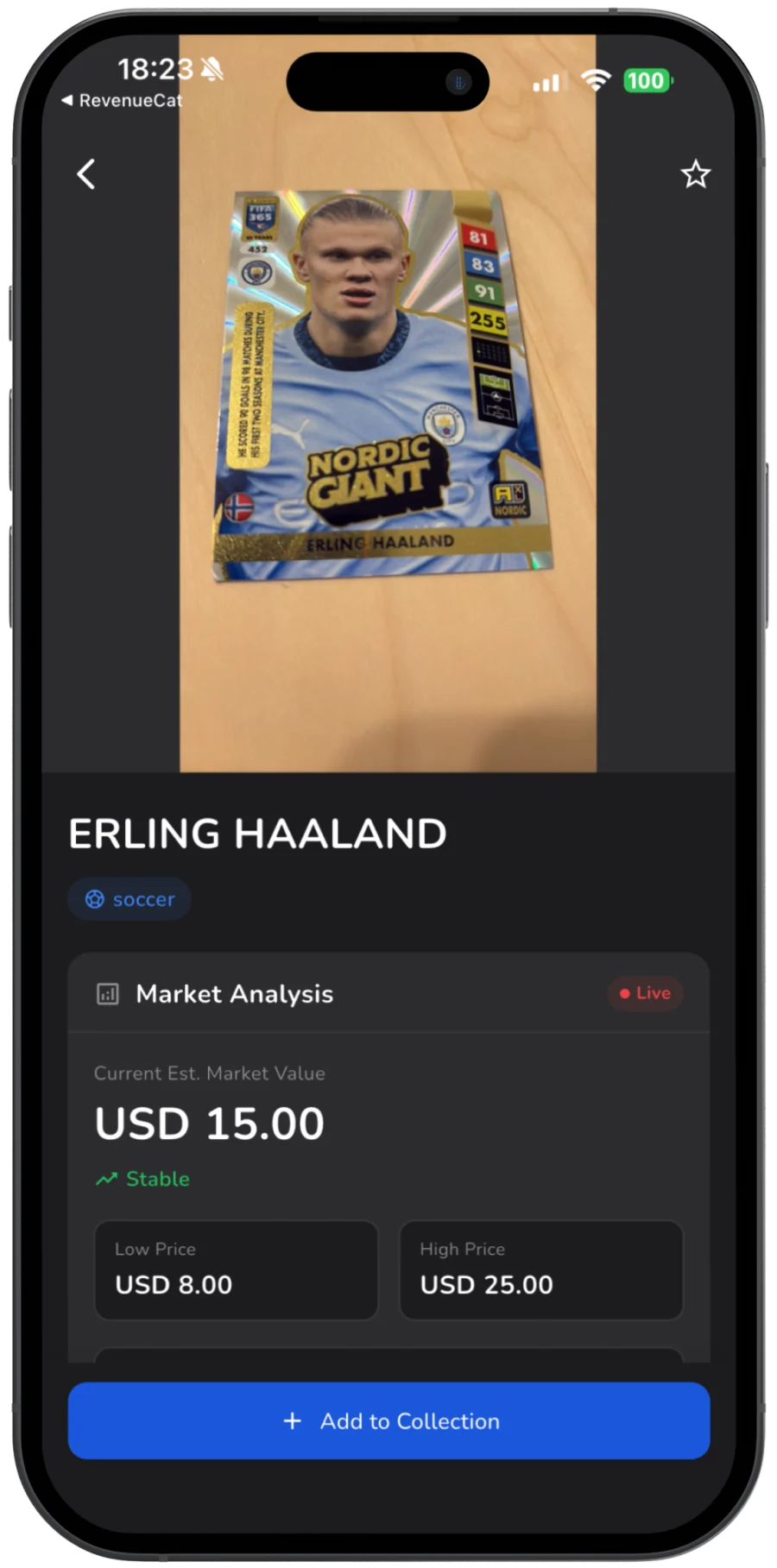 Stakks identifying an Erling Haaland soccer card and showing its estimated market value of $15 with an $8–$25 range