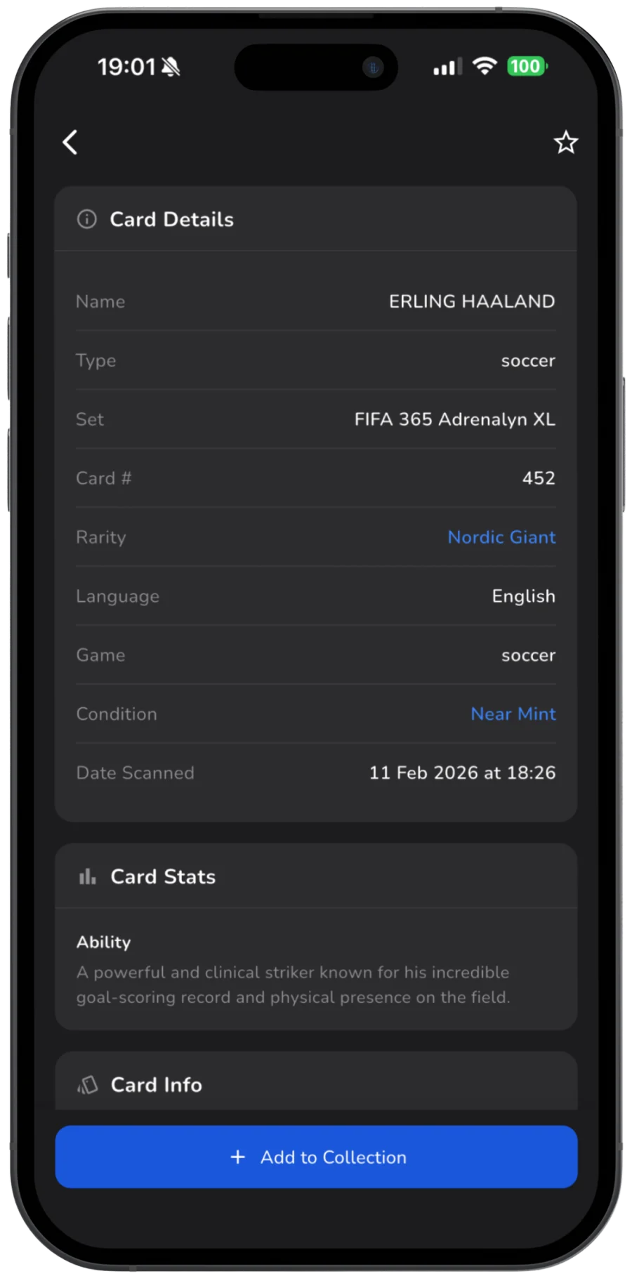 Full Card Details — Stakks sports card scanner app screenshot